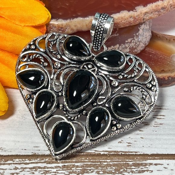 Heart Pendant Black Onyx Large Gemstone Handmade Statement 925 Silver Bohemian - Picture 3 of 10